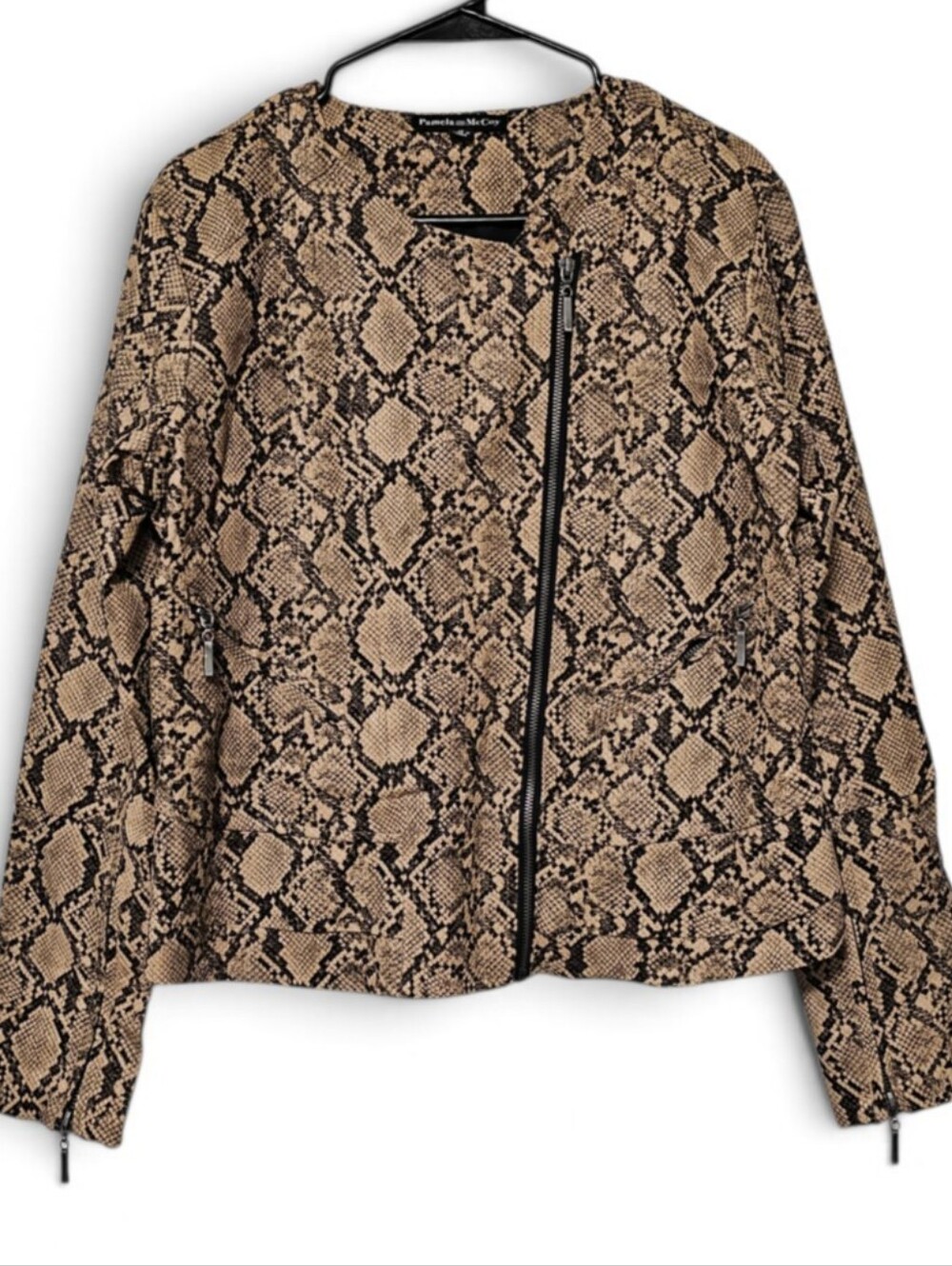 Pamela McCoy Snakeskin Leather Full Zip Jacket Tan & Black Womens Size M